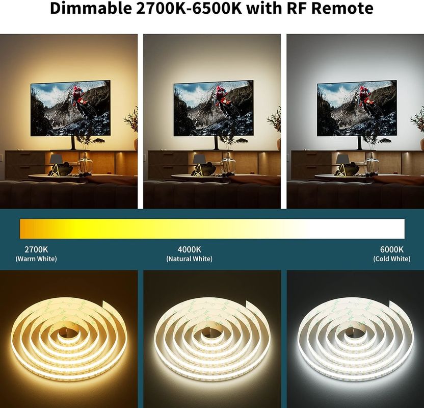 COB LED Strip Light CCT réglable 560LEDs CRI90 2m Dimmable 2700K-6500K 24V Lumières à ruban LED Kit pour chambre à coucher sous le cabinet