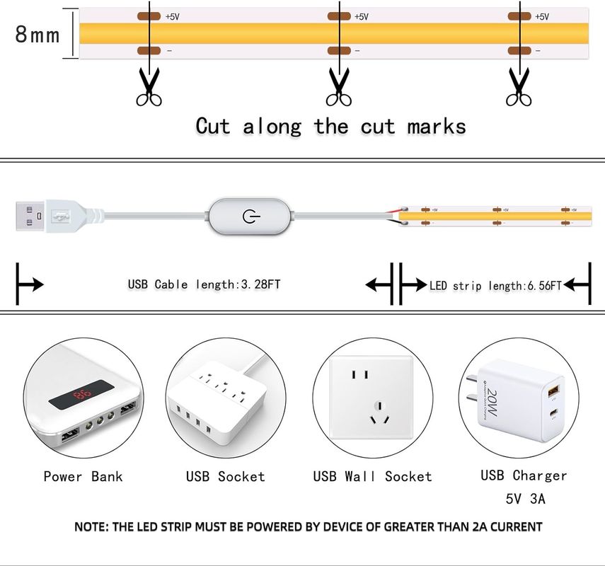 Hongtop COB Led Strip Lights 5V USB 6,56 pieds / 2m 640LEDs tactiles sans pas Dimmable 6000K Blanc 13W