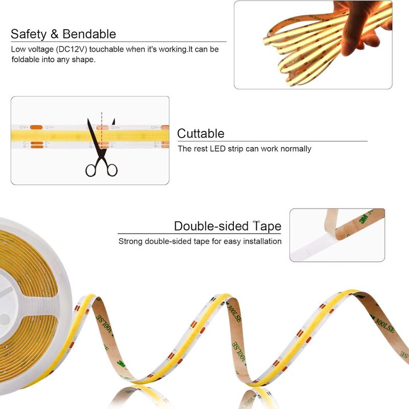 560LEDs COB LED Strip 90 CRI CCT Flexible COB 3M avec adaptateur et mini contrôleur RF