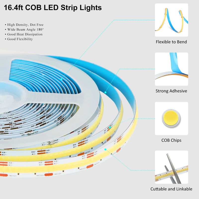COB LED Strip Lights CCT (2700K-6500K réglable) 2M 560LEDs/m CRI90 Led Tape Light Kit avec boîte