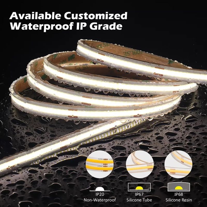 12V 24V résistant à l'eau IP65 IP67 IP68 CRI90 Dimmable 5M Flexible COB LED Strip pour l'intérieur extérieur