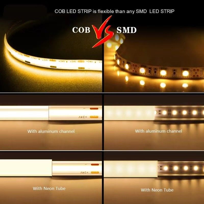 12V 24V résistant à l'eau IP65 IP67 IP68 CRI90 Dimmable 5M Flexible COB LED Strip pour l'intérieur extérieur